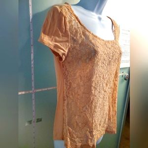Beautiful Lace-Front, Solid Back and Sleeves, Office Casual S/S Top, Stretchy